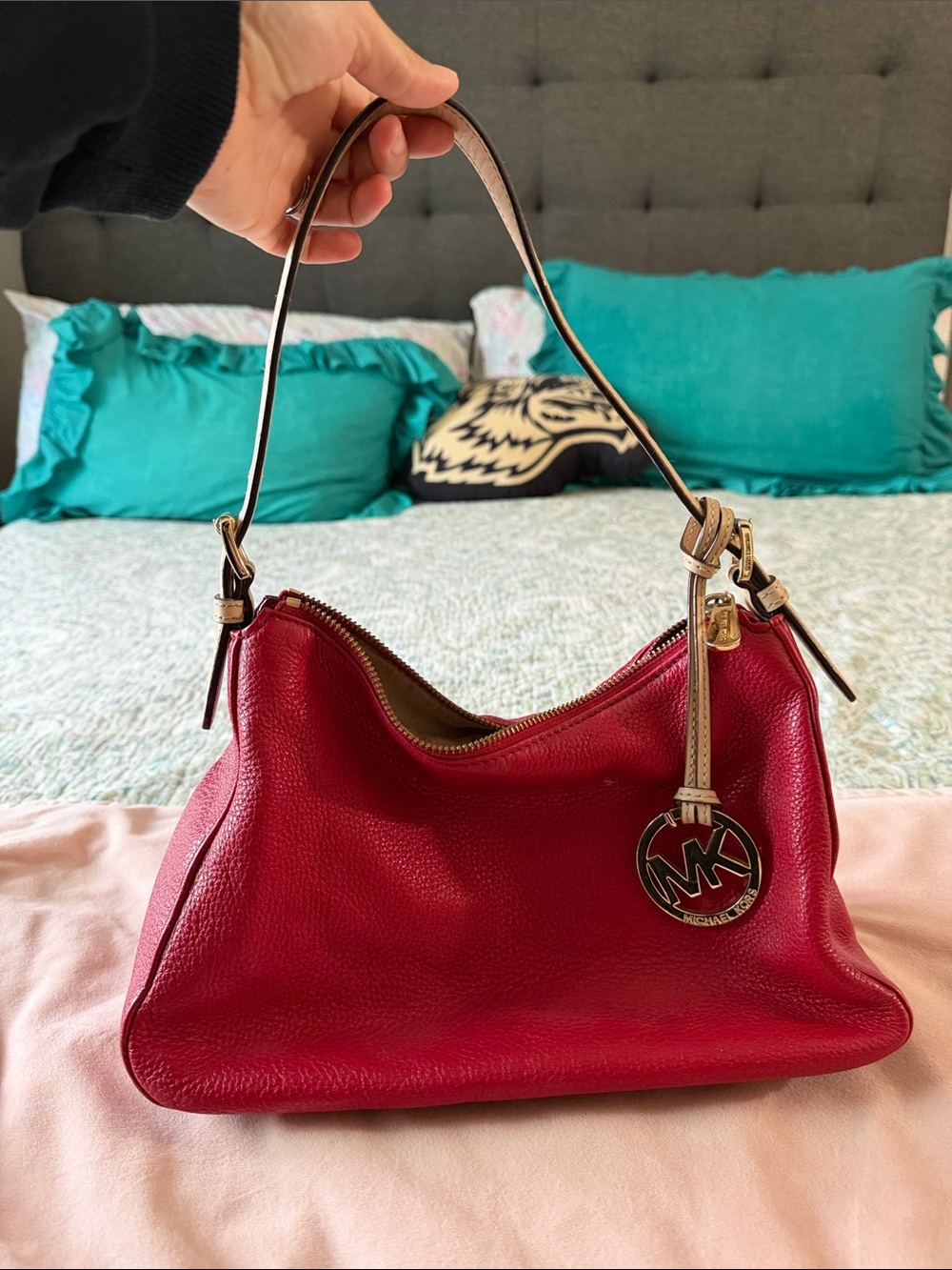 Michael Kors Fuchsia Pebbled Leather Shoulder Bag with Gold Accent